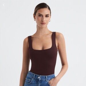 Square Neck Ribbed Bodysuit in Dark Brown